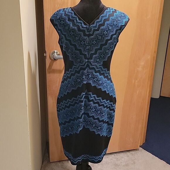 Tadashi Shoji teal black geometric sheath dress sz 8 - Picture 3 of 9